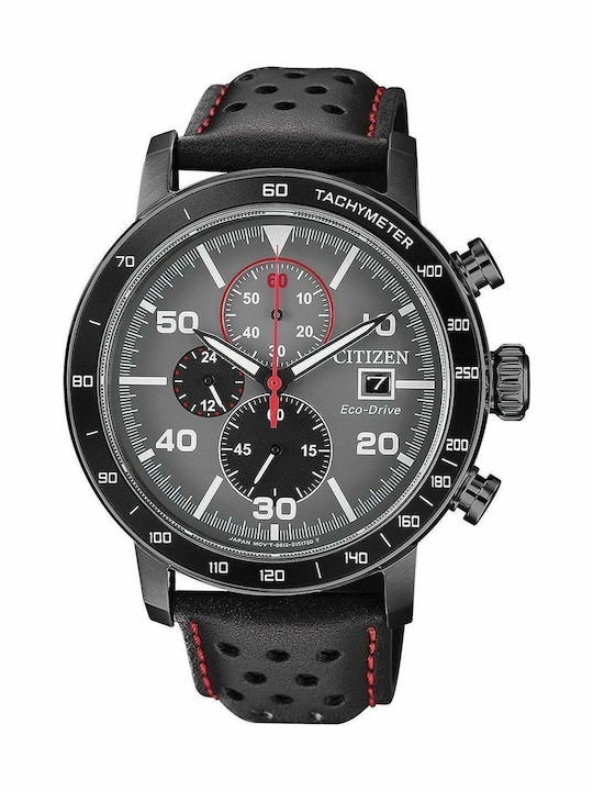 Citizen Ανδρικό Ρολόι 44mm Χρονογράφος Eco - Drive με Μαύρο Δερμάτινο Λουράκι