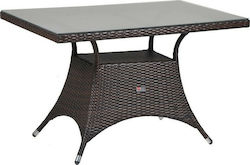 Torino Outdoor Dinner Table with Glass Surface and Rattan Frame Brown 110x60x74cm