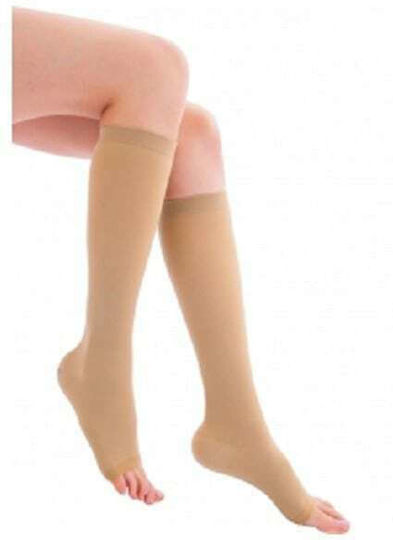 Adco 07165 Calf High Graduated Compression Socks with Silicone & Open Toes 15-20 mmHg Beige