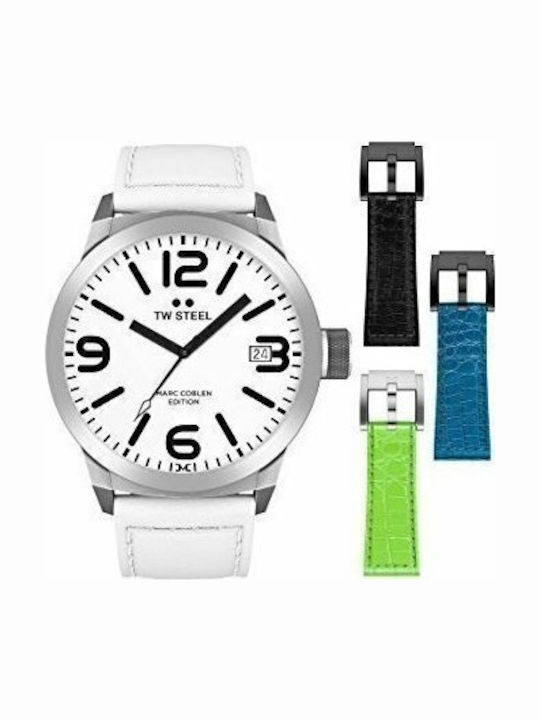 TW Steel Herrenuhr 45mm Batterie mit Weiß Lederarmband