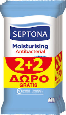 Septona Moisturising Antibacterial Antiseptic Hand Wipes 4x15pcs Natural