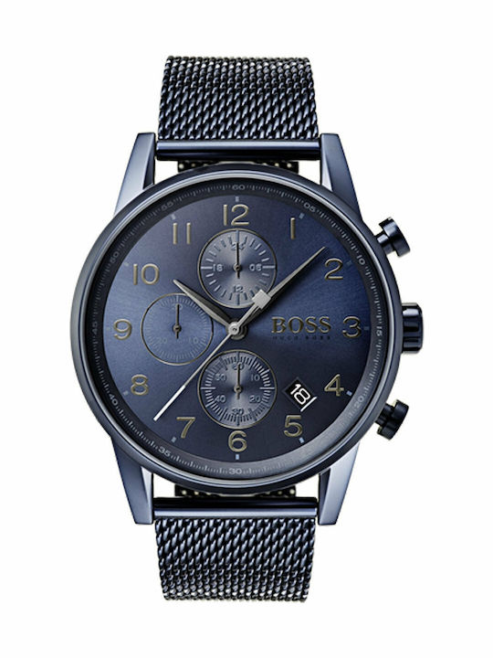 Boss Navigator Ανδρικό Ρολόι 43mm Χρονογράφος Μπαταρίας με Μπλε Μεταλλικό Μπρασελέ