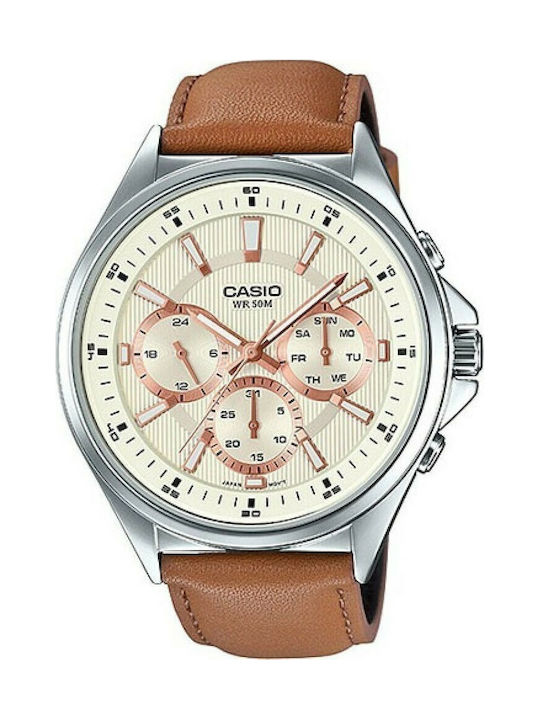 Casio Watch Chronograph Battery with Brown Leather Strap