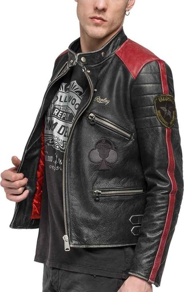 Replay Leather Biker Jacket With Patches Black Ανδρικό Δερμάτινο ...