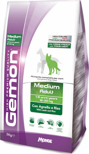 Monge Gemon Medium Adult 3kg Ξηρά Τροφή για Ενήλικους Σκύλους Μεσαίων Φυλών με Ρύζι και Αρνί