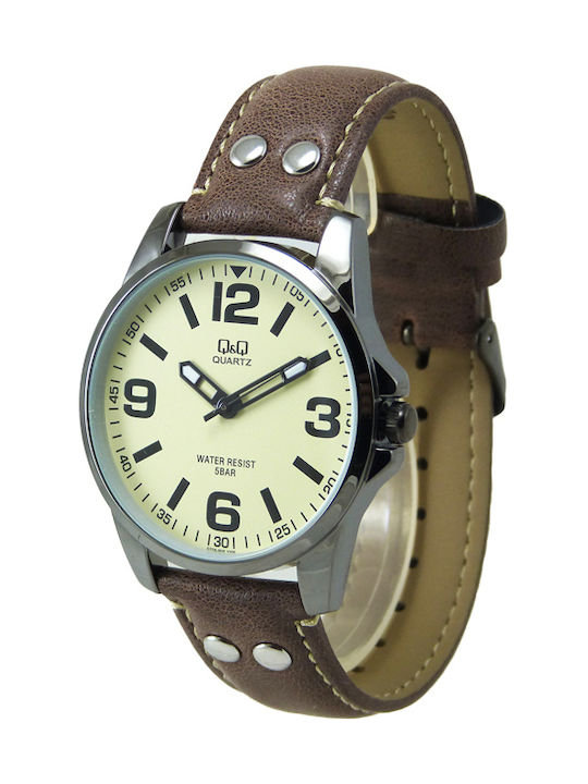 Q&Q Watch Battery with Brown Leather Strap Q708J805