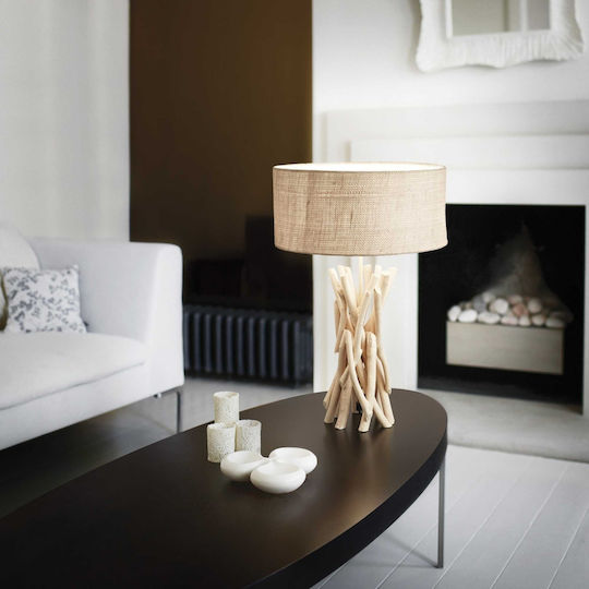 Ideal Lux Driftwood Wood Vintage Table Lamp for Socket E27 with Beige Shade and Base