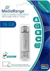 MediaRange 16GB USB 3.0 Stick mit Verbindung USB-A & USB-C Silber