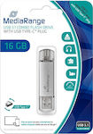 MediaRange 16GB USB 3.0 Stick mit Verbindung USB-A & USB-C Silber