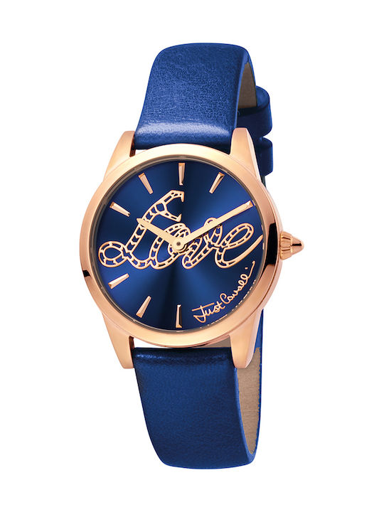 Just Cavalli Logo Relaxed Watch with Blue Leather Strap