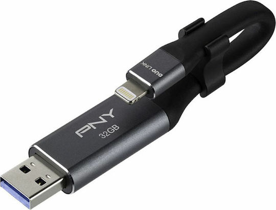 PNY Duo-Link 3.0 Cable Design 32GB USB 3.0 Stick mit Verbindung Blitzschlag & USB-A Gray