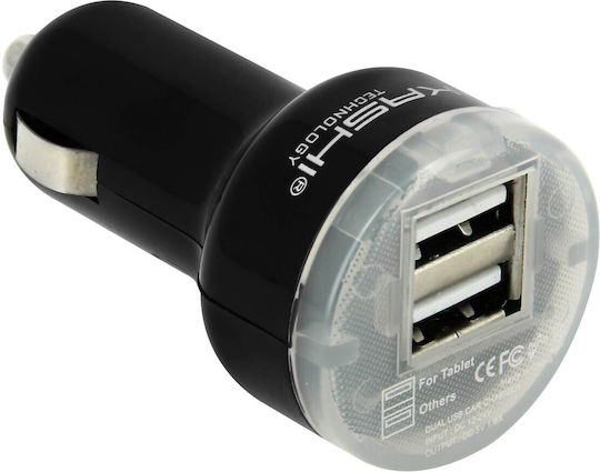 Akashi Dual Car charger 2.4A Φορτιστής Αυτοκινήτου 2.4A με Θύρες: 2xUSB Μαύρο Χρώμα