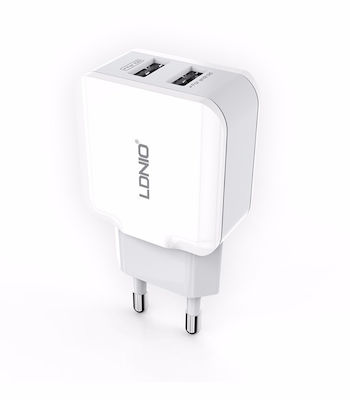Ldnio Φορτιστής με 2 Θύρες USB-A και Καλώδιο Lightning Λευκός (A2201)