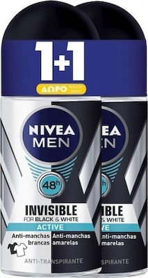 Nivea Men Invisible For Black & White Active Αποσμητικό 48h σε Roll-On 2x50ml