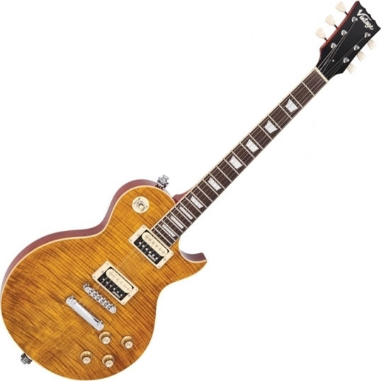 Vintage V100AFD ReIssued Electric Guitar Single cut with HH Pickup Configuration Paradise Flamed Amber