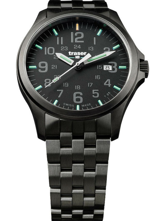Traser Herrenuhr 42mm Batterie mit Schwarz Metallarmband