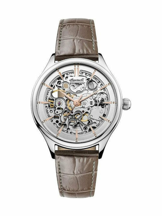 Ingersoll Vickers Automatic Γυναικείο Ρολόι 38mm Αυτόματο με Καφέ Δερμάτινο Λουράκι