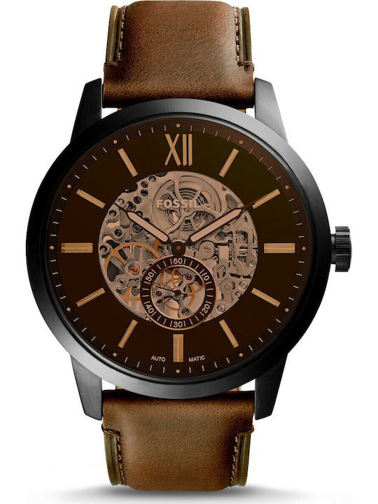 Fossil Ανδρικό Ρολόι 48mm Αυτόματο με Καφέ Δερμάτινο Λουράκι