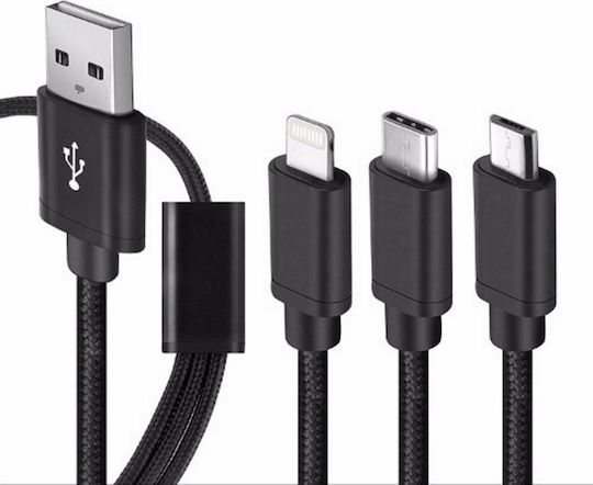 Braided USB to Lightning / Type-C / micro USB Cable Μαύρο 1m (S-687)