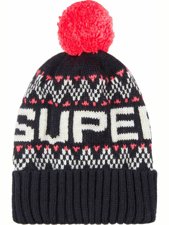 Chevron Pom Pom Beanie Γυναικείος Σκούφος Πλεκτός σε Navy Μπλε χρώμα
