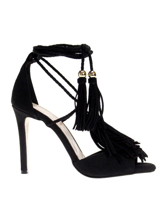 Sante Suede Women's Sandals with Laces Black with Thin High Heel