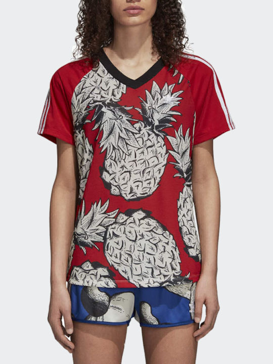 Adidas 3-Stripes Damen Sportlich T-shirt mit V-Ausschnitt Gestreift Rot
