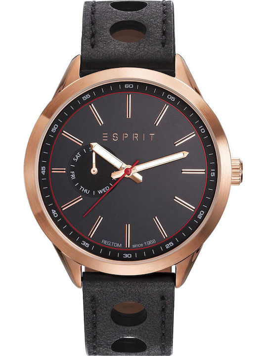 Esprit Ανδρικό Ρολόι 44mm Μπαταρίας με Μαύρο Δερμάτινο Λουράκι