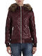 Biston Kurz Damen Puffer Jacke mit pelziger Kapuze für Winter Burgundisch