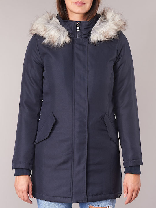 Only Women's Long Parka Jacket for Winter with Hood Navy Blue