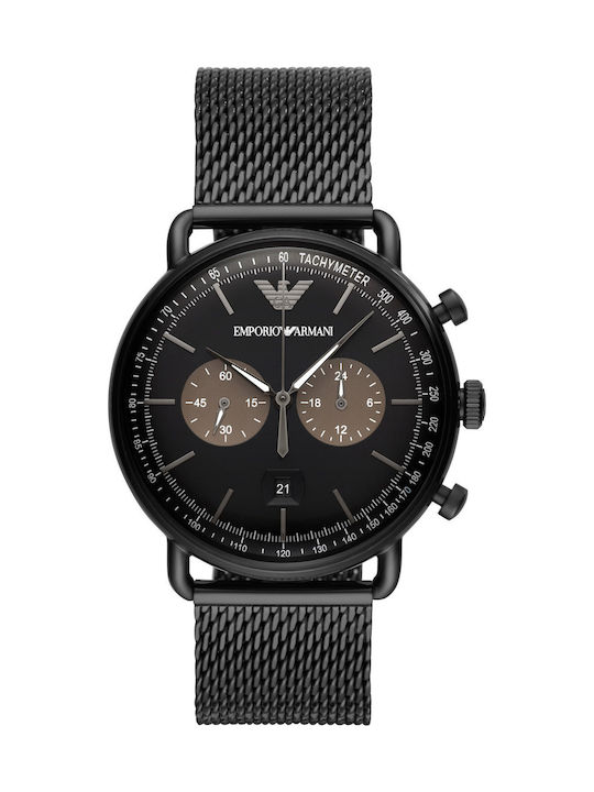 Emporio Armani Ανδρικό Ρολόι 44mm Χρονογράφος Μπαταρίας με Μαύρο Μεταλλικό Μπρασελέ