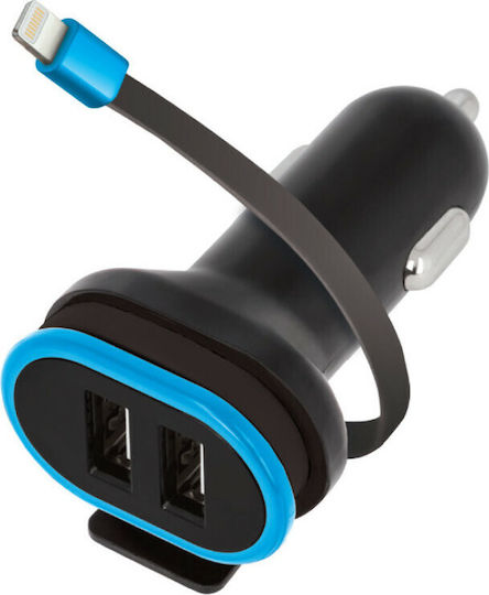 Forever CC-02 Car Charger 3A with Ports: 2xUSB with Cable Lightning Black Color
