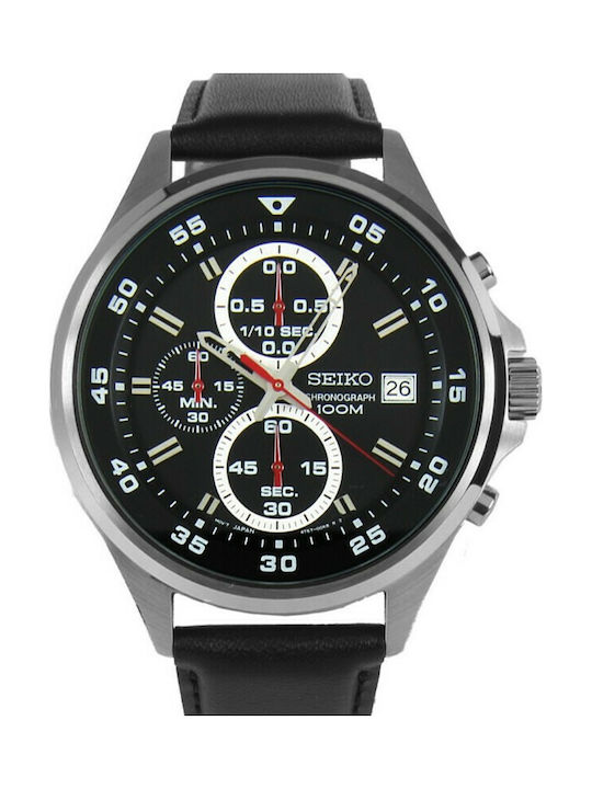 Seiko Chronograph Watch Chronograph Battery with Black Leather Strap