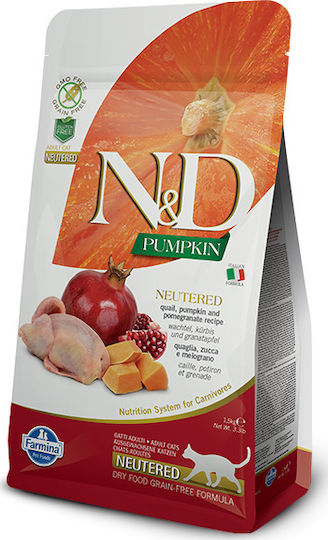 Farmina N&D Pumpkin Neutered Dry Food Grain-Free for Adult Sterilized Cats with Pomegranate / Pumpkin / Quail 1.5kg