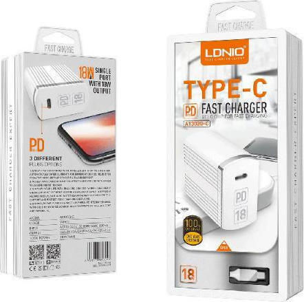 Ldnio Charger with USB-C Port and Cable USB-C 18W Power Delivery Whites (A1302Q-C)