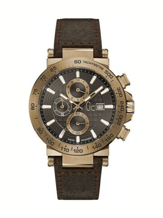 GC Watches Ανδρικό Ρολόι 44mm Χρονογράφος Μπαταρίας με Καφέ Δερμάτινο Λουράκι