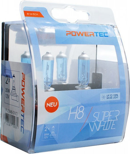 M-Tech Lamps Car & Motorcycle Powertec Super White H8 Halogen 4000K Natural White 12V 35W 2pcs