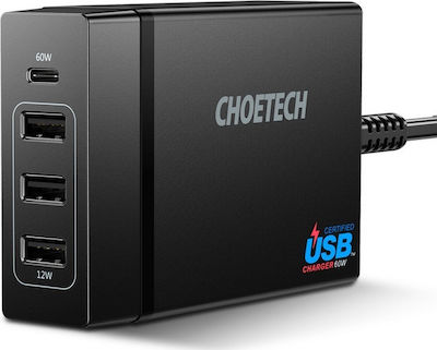 Choetech Ladestation mit 3 USB-A Anschlüsse und USB-C Anschluss 72W Stromlieferung in Schwarz Farbe (PD72-1C3U)