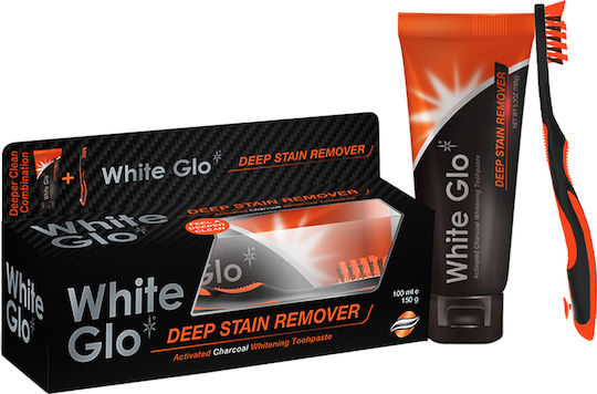 White Glo Charcoal Deep Stain Remover Οδοντόκρεμα με Ενεργό Άνθρακα για Λεύκανση & Οδοντόβουρτσα 150gr