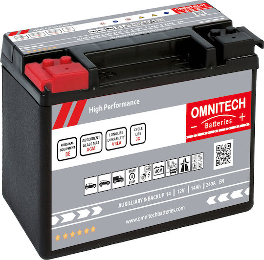 Omnitech Car Start/Stop Battery High Performance Auxiliary & Backup 14 with 14Ah Capacity and 240A CCA