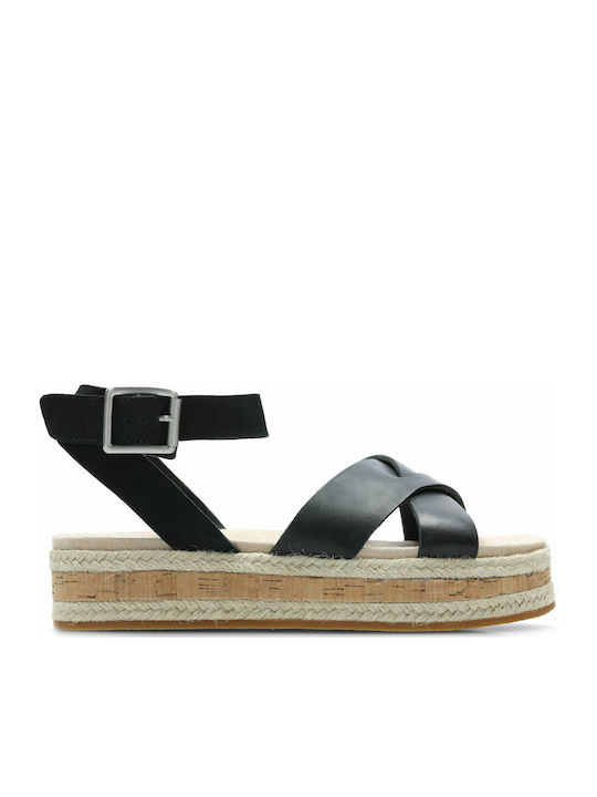 Clarks Botanic Poppy Leather Women's Flat Sandals In Black Colour