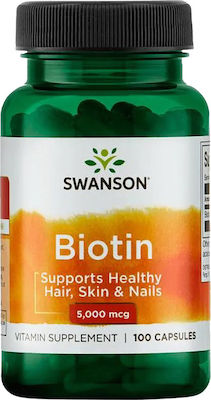 Swanson Biotin 5000mcg Βιταμίνη για τα Μαλλιά, τo Δέρμα & τα Νύχια 5000mcg 100 κάψουλες