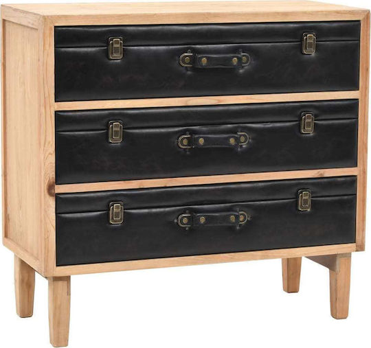 Bedroom Chest of Drawers from Solid Wood with 3 Drawers Black with Artificial Leather Surface Coating 80x36x75cm