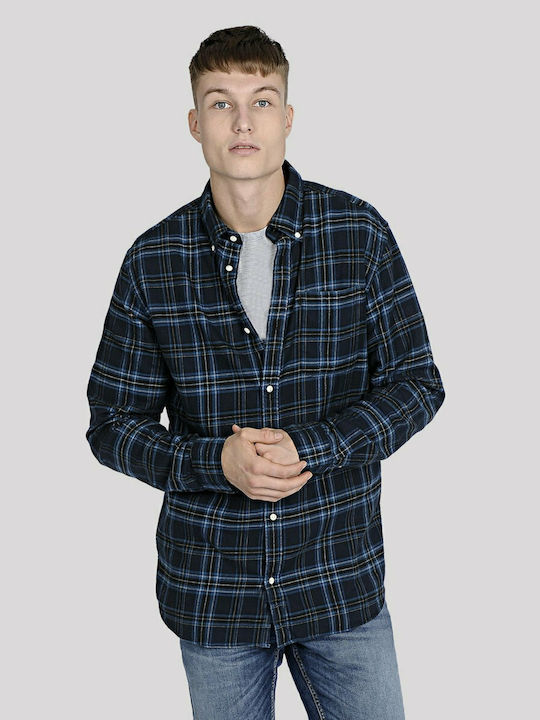 Jack & Jones Men's Shirt Long Sleeve Cotton Checked Navy Blazer