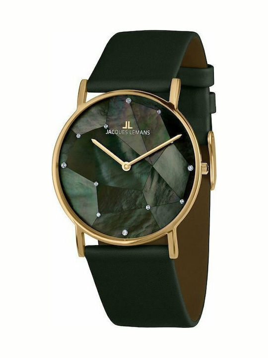 Jacques Lemans York Crystals Дамски Часовник 37mm Кварцов с Зелен Кожен Каишка