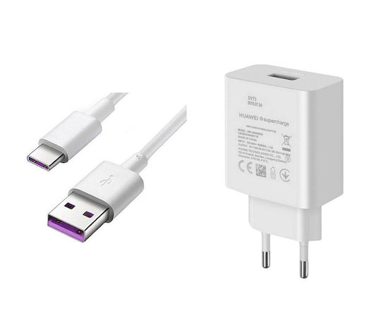 Huawei Φορτιστής με Θύρα USB-A και Καλώδιο USB-C 40W SuperCharge Λευκός (HW-100400E00)