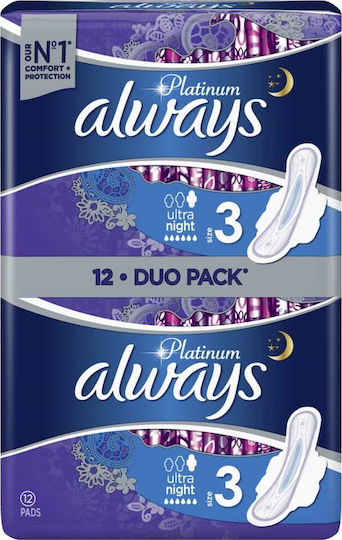 Always Platinum Ultra Night Sanitary Pads with Wings for Heavy Flow 6 Drops Size 3 Double Pack 2x6pcs