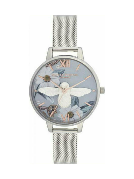 Olivia Burton Bejewelled Florals 3D Bee Uhr mit Silber Metallarmband