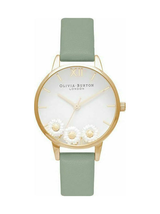 Olivia Burton Dancing Daisy Watch with Green Leather Strap