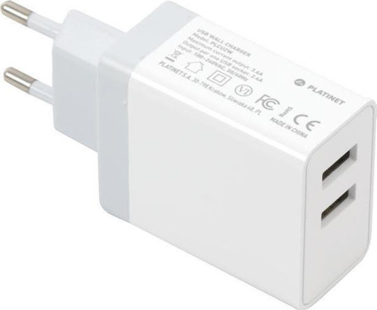 Platinet Φορτιστής με 2 Θύρες USB-A και Καλώδιο micro USB Λευκός (PLCU2W)