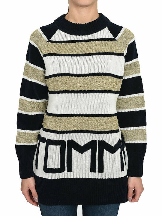 Tommy Hilfiger Femei Cu mânecă lungă Pulover Bumbac Cu dungi Black / White / Gold